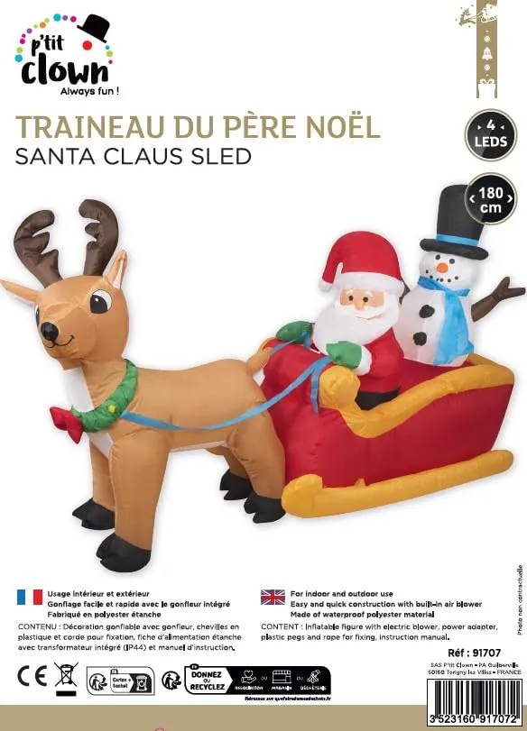 P'tit Clown re91707 Babbo Natale Slitta Gonfiabile 1,45m LED