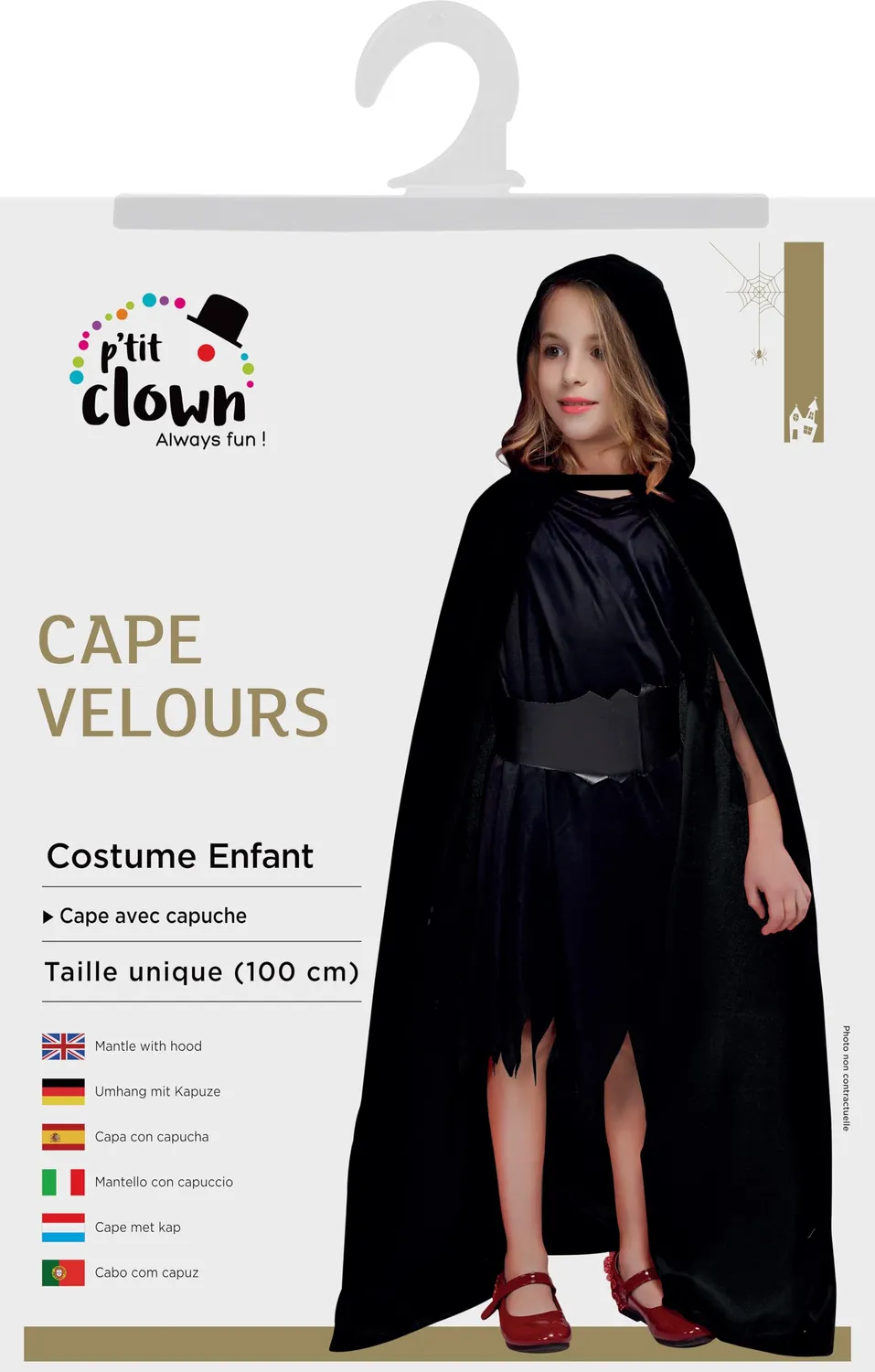 P'tit Clown Mantello Velluto Cappuccio Nero Bambino 100 Cm
