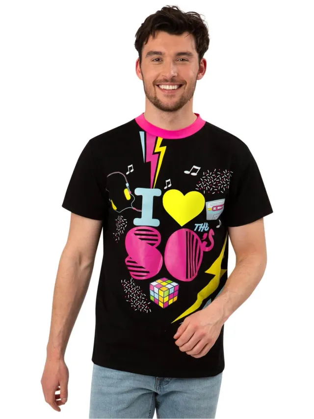 Smiffys I Love the 80s maglietta nera neon unisex