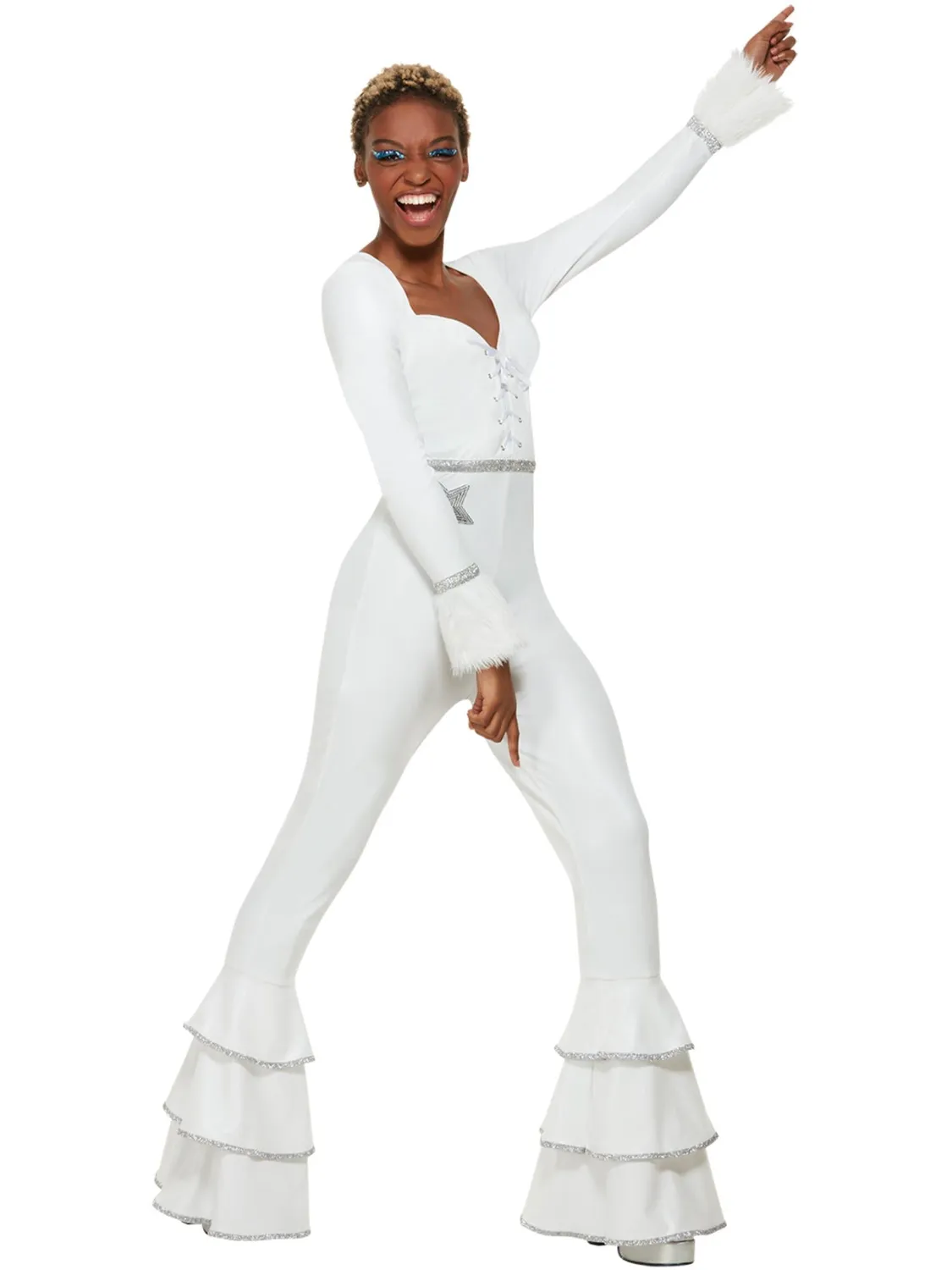 Smiffys 70s Deluxe Glam Tuta Disco Bianca Donna XS Jumpsuit