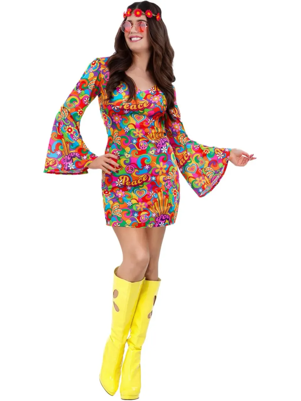 Smiffys Rainbow Peace costume hippie donna maniche campana