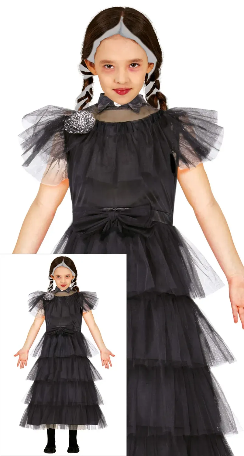 Guirca Costume Gotico Bambina 7-9 Anni Abito Lungo Nero