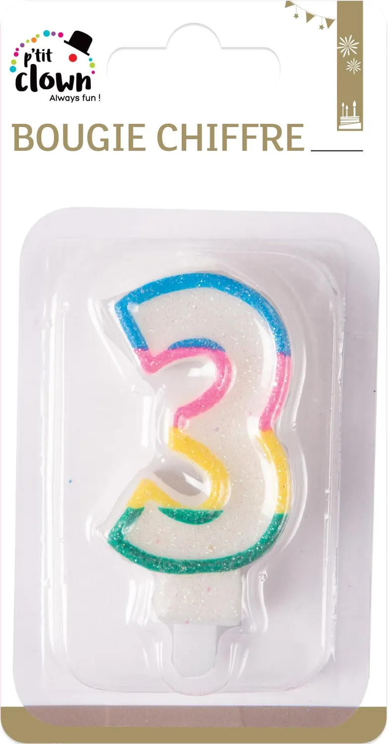P'tit Clown candela numero arcobaleno glitter compleanno