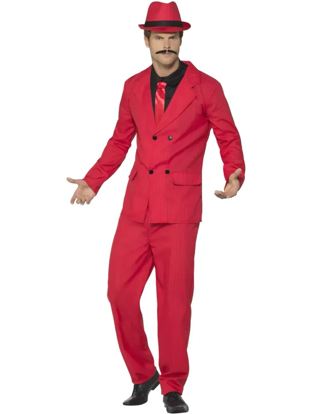 Smiffys Zoot Suit costume gangster uomo rosso gessato 5 pezzi