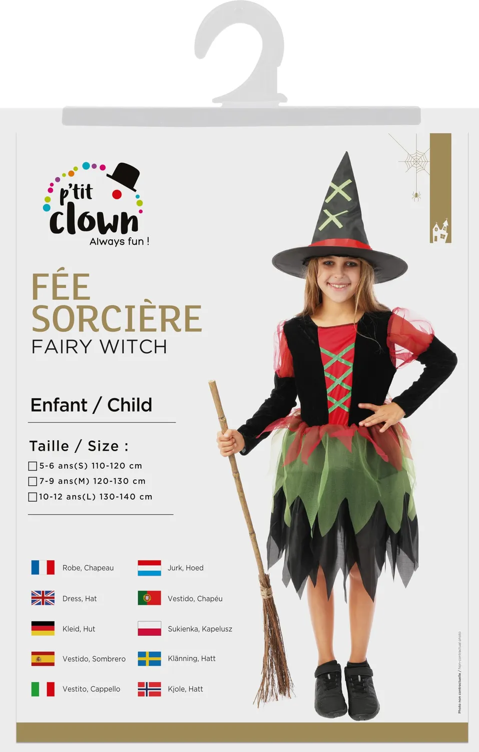 P'tit Clown Costume Fata Strega Bambina 5-6 Anni con Cappello
